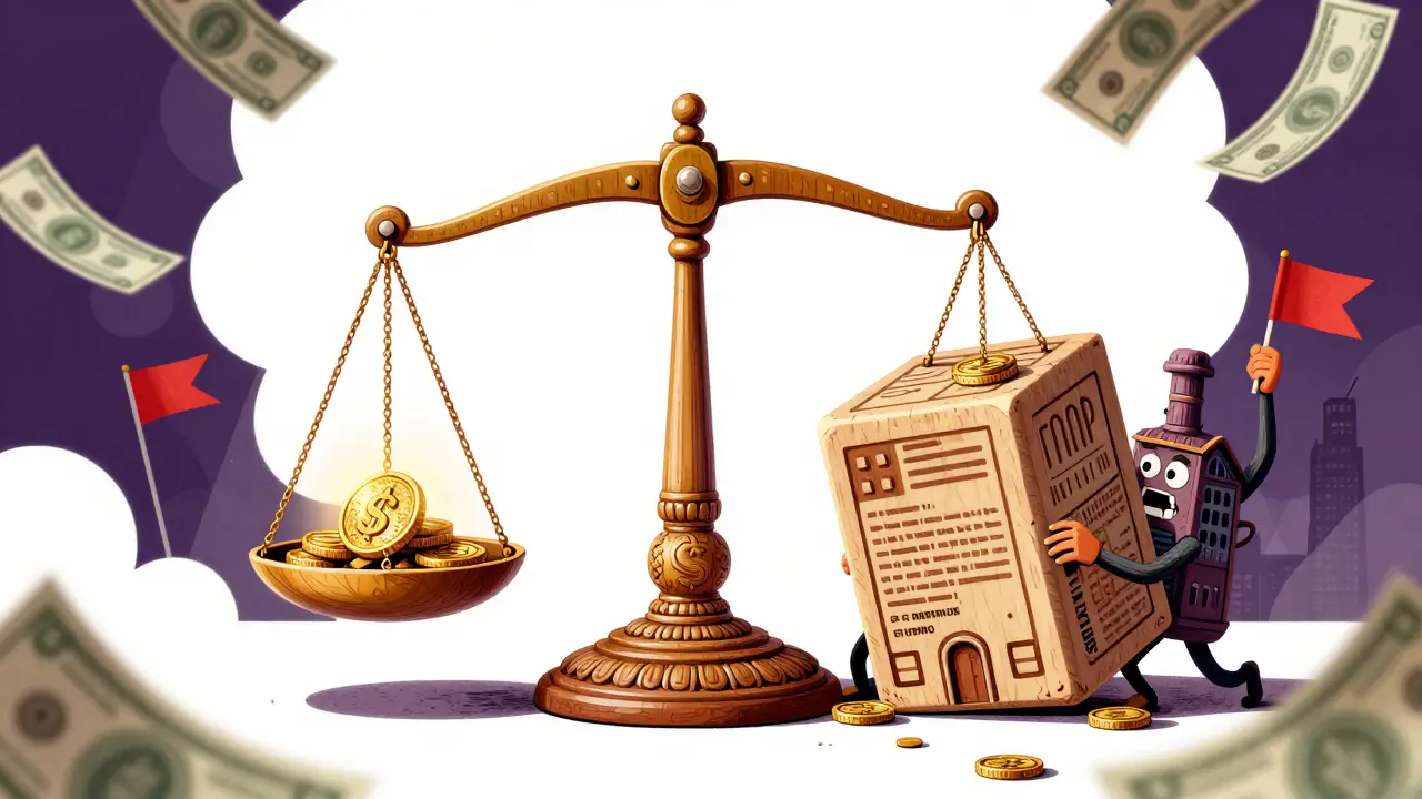 An ornate scale balancing low profits against high regulatory costs in Alebrije art style.