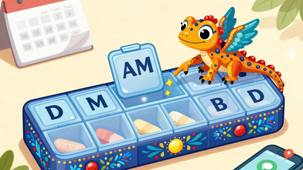 Colorful alebrije lizard on a jeweled weekly pill organizer with time-coded compartments