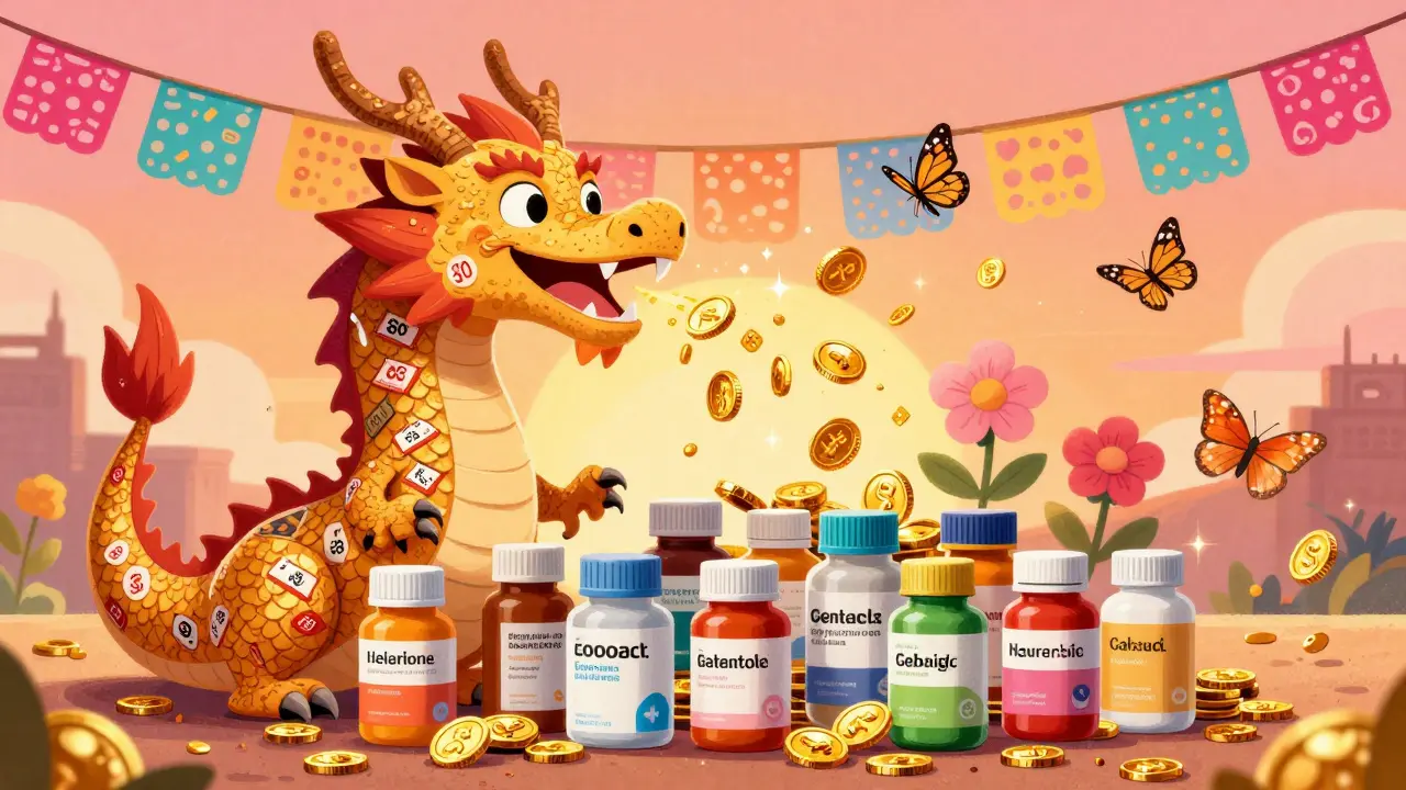 Colorful dragon breathing gold coins on medicine bottles turning to flowers