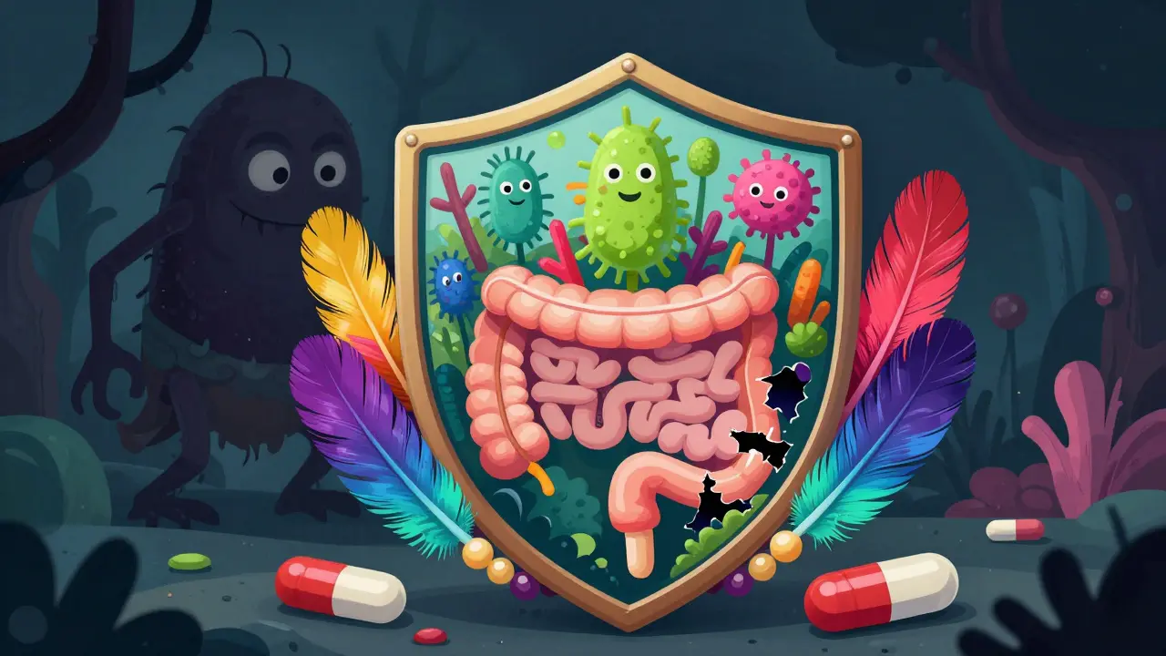 Colorful shield protecting gut health from harmful antibiotic side effects.