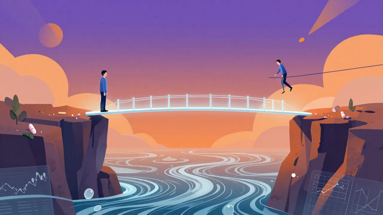 Conceptual Alebrije illustration of a delicate bridge symbolizing bioequivalence risks and balance