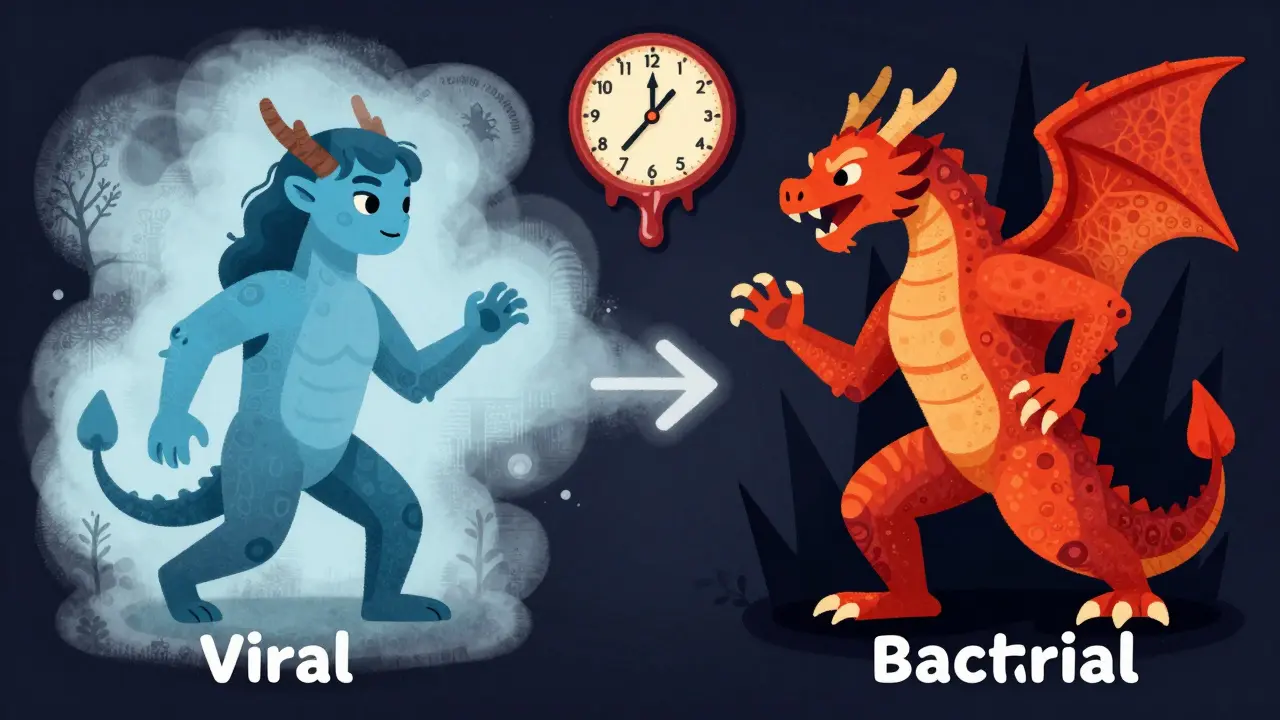 Conceptual art comparing viral recovery vs bacterial worsening over time.