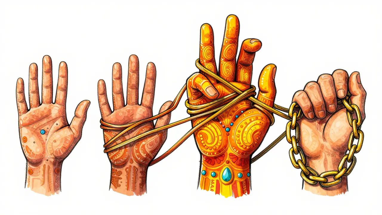 Fantastical hand illustrating four stages of finger contracture progression.