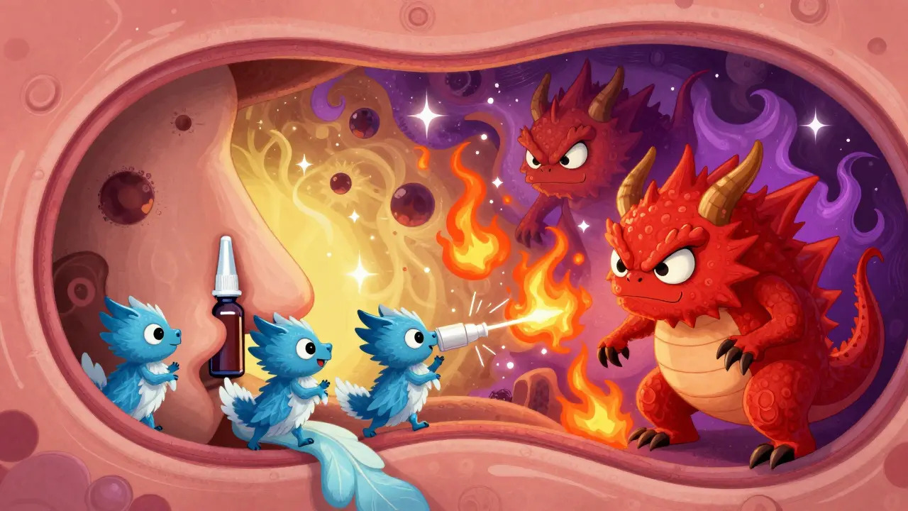 Friendly Alebrije spirits push away angry inflammation creatures inside a nose