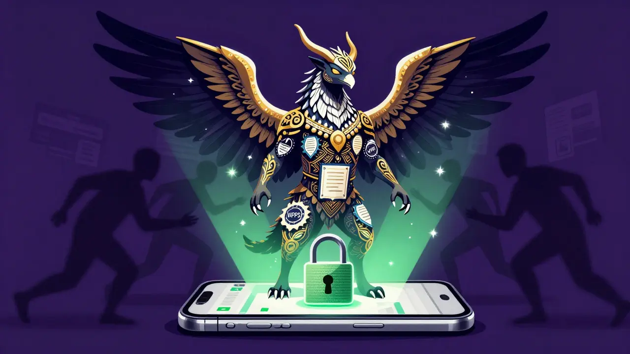 Guardian Alebrike protecting a secure phone screen from shadowy counterfeit threats.