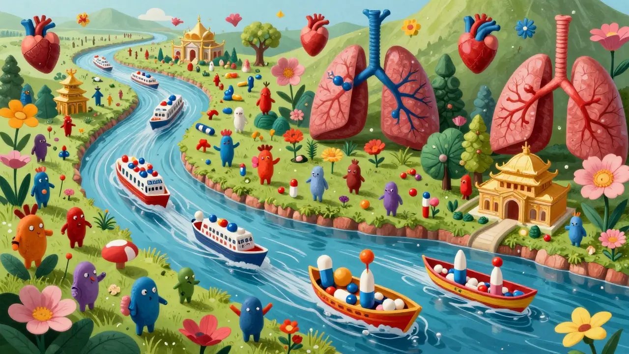 Mythical landscape showing drug molecules traveling through stylized bloodstream rivers.