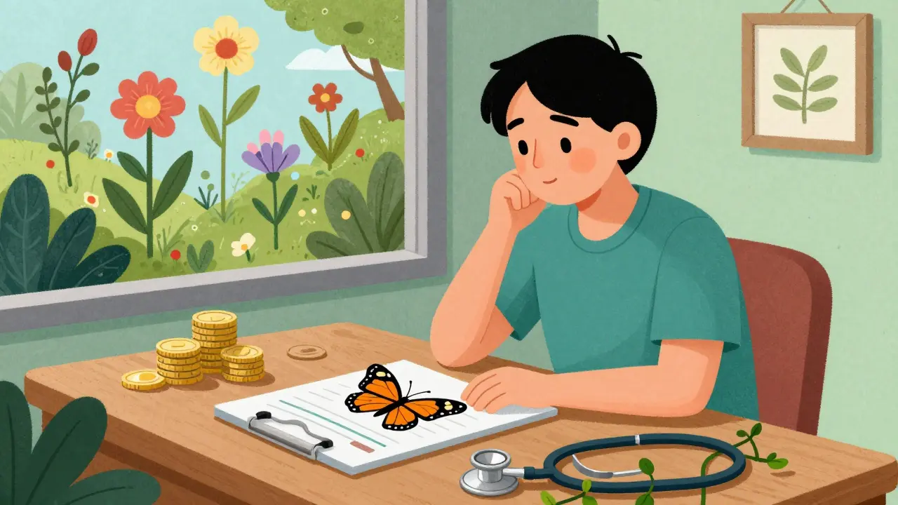 Patient reviewing medications amidst symbolic healthcare items in vibrant alebrije art.