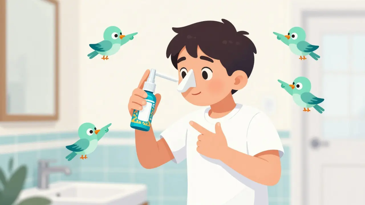 Person using nasal spray correctly with helpful Alebrije guides nearby