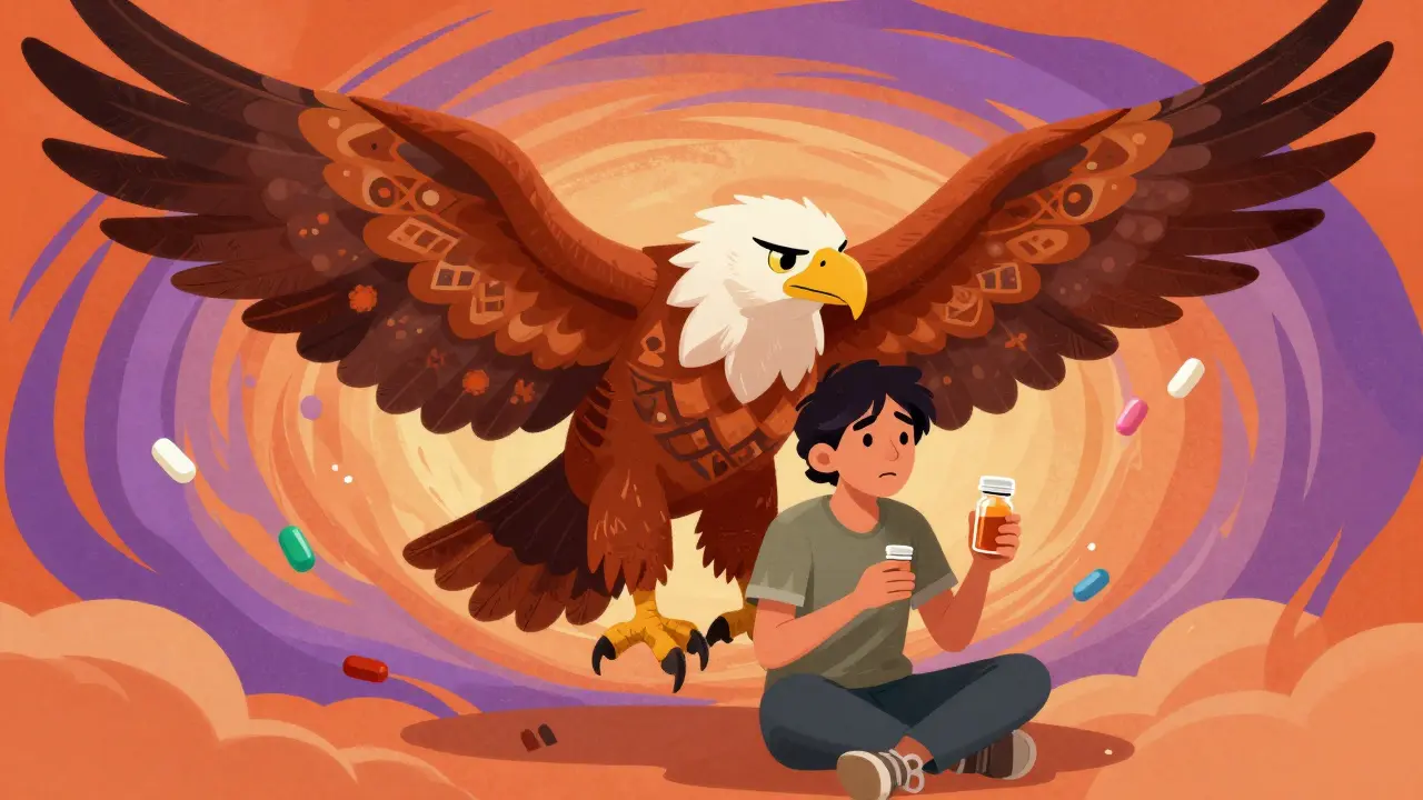 Protective alebrije eagle shielding a person holding medication against a swirling background