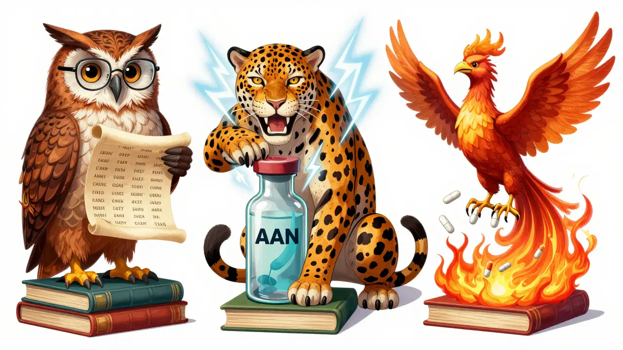 Three mythical creatures representing medical societies debating drug guidelines in vibrant Alebrije art