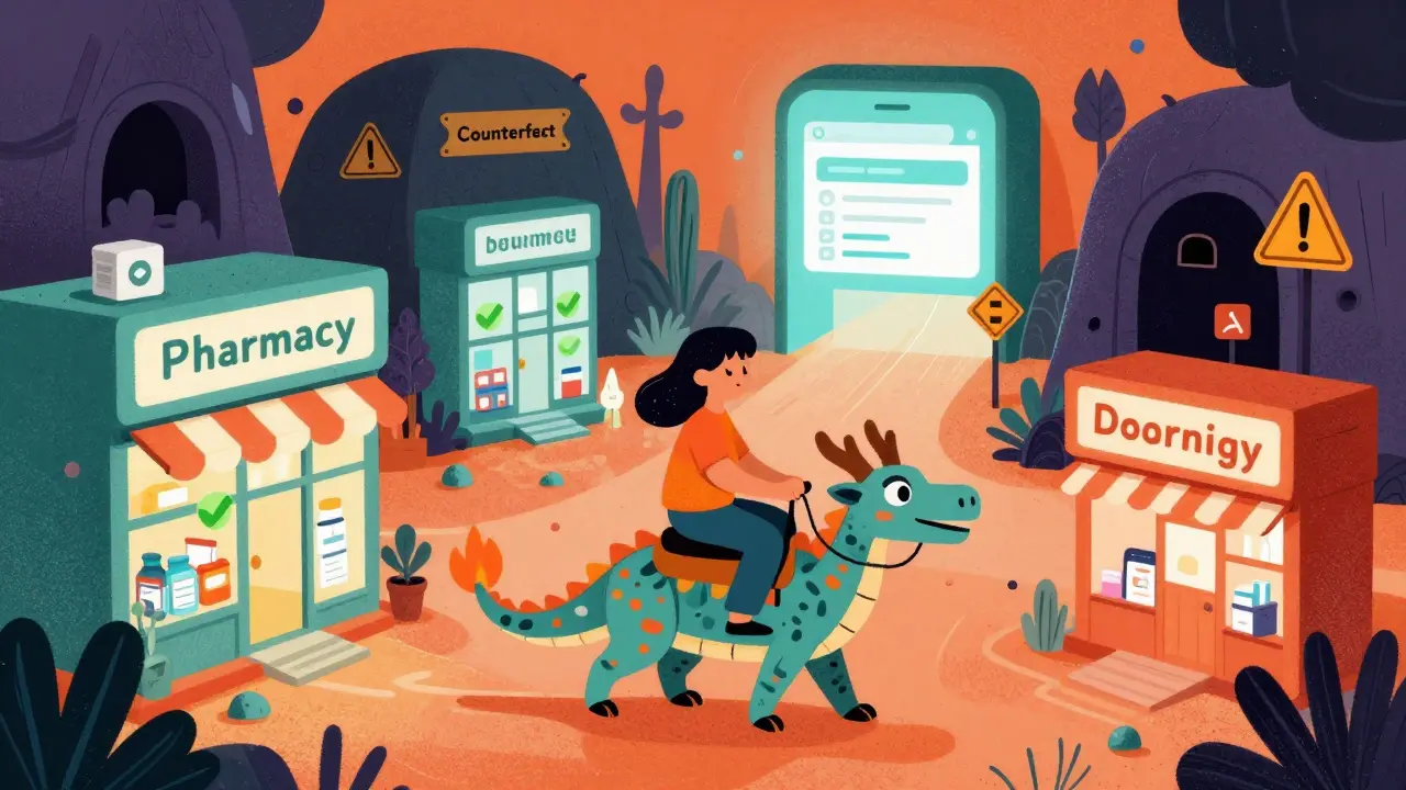 User riding an alebrike through digital pharmacies, choosing safe verified stores.