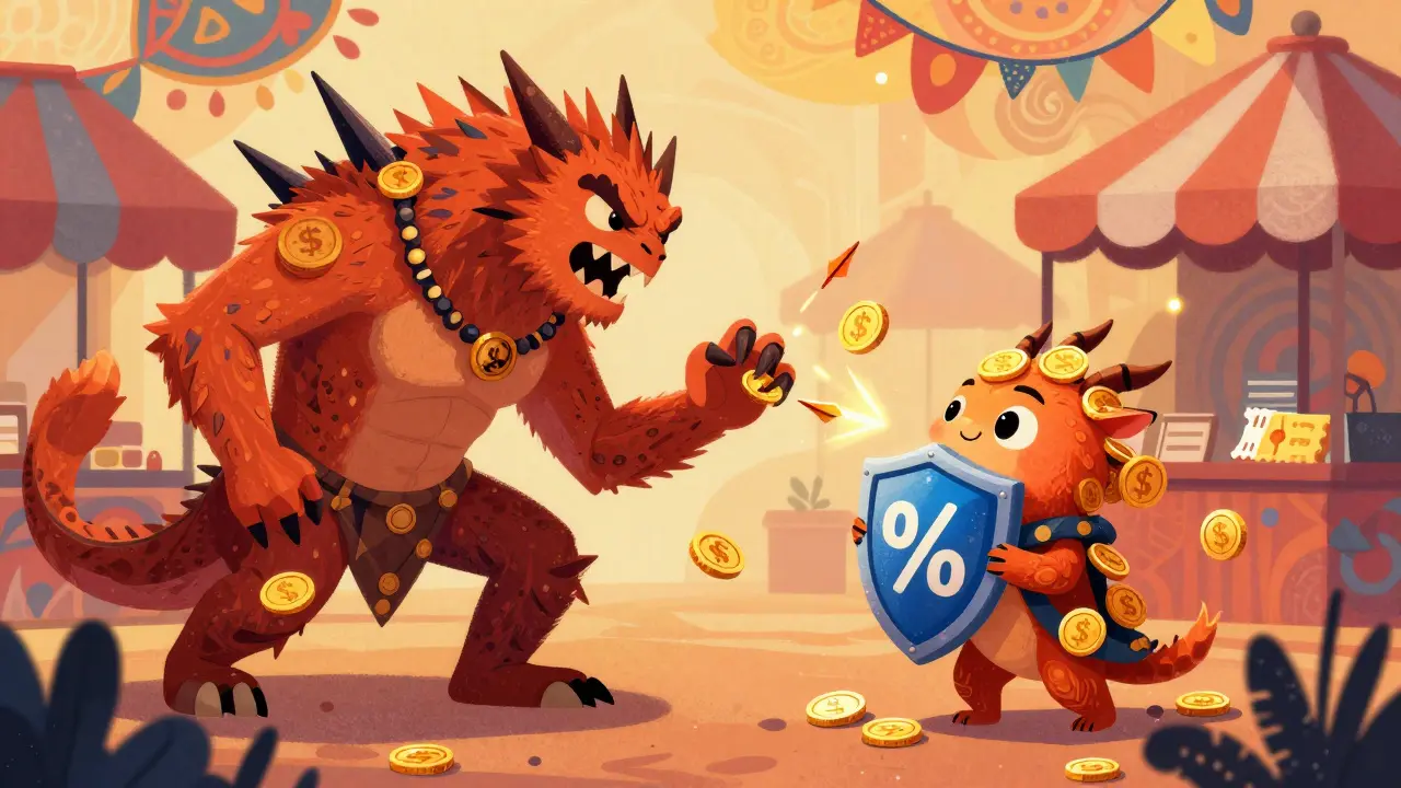 Whimsical Alebrije characters comparing prices, with one shielding against high costs.