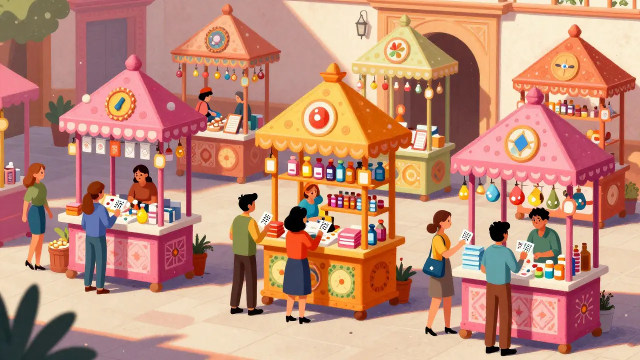 Whimsical alebrije-style marketplace with people browsing discounted generic medicines