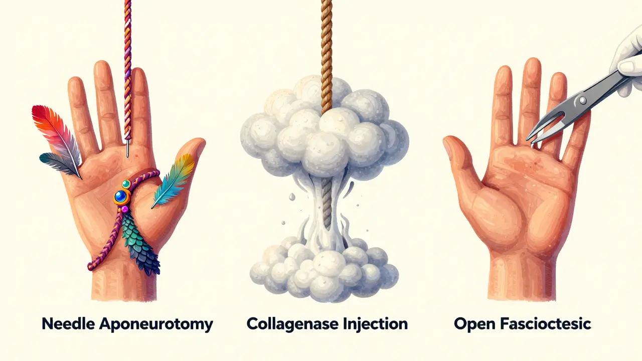 Whimsical illustration comparing needle, injection, and surgery treatments.