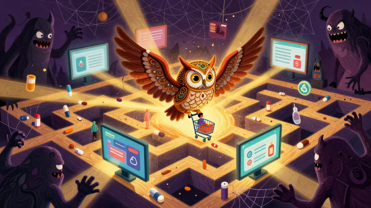 Wise owl guiding shopper through maze of online pharmacy dangers