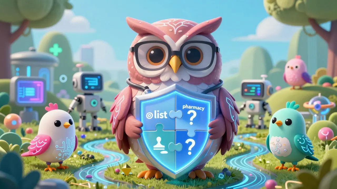 A wise owl alebrije holding a shield of safety steps, surrounded by tech-themed bird figures.