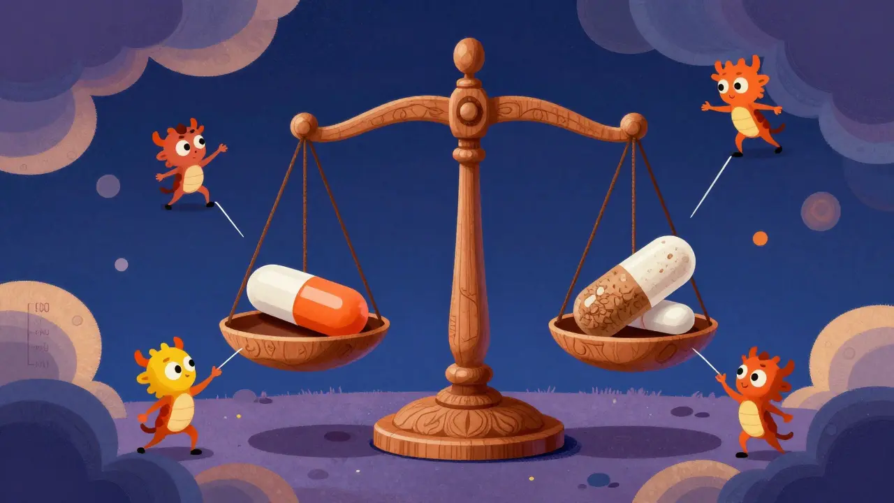 Alebrije art showing a balance scale comparing brand and generic pills with swirling spirits representing drug absorption levels.