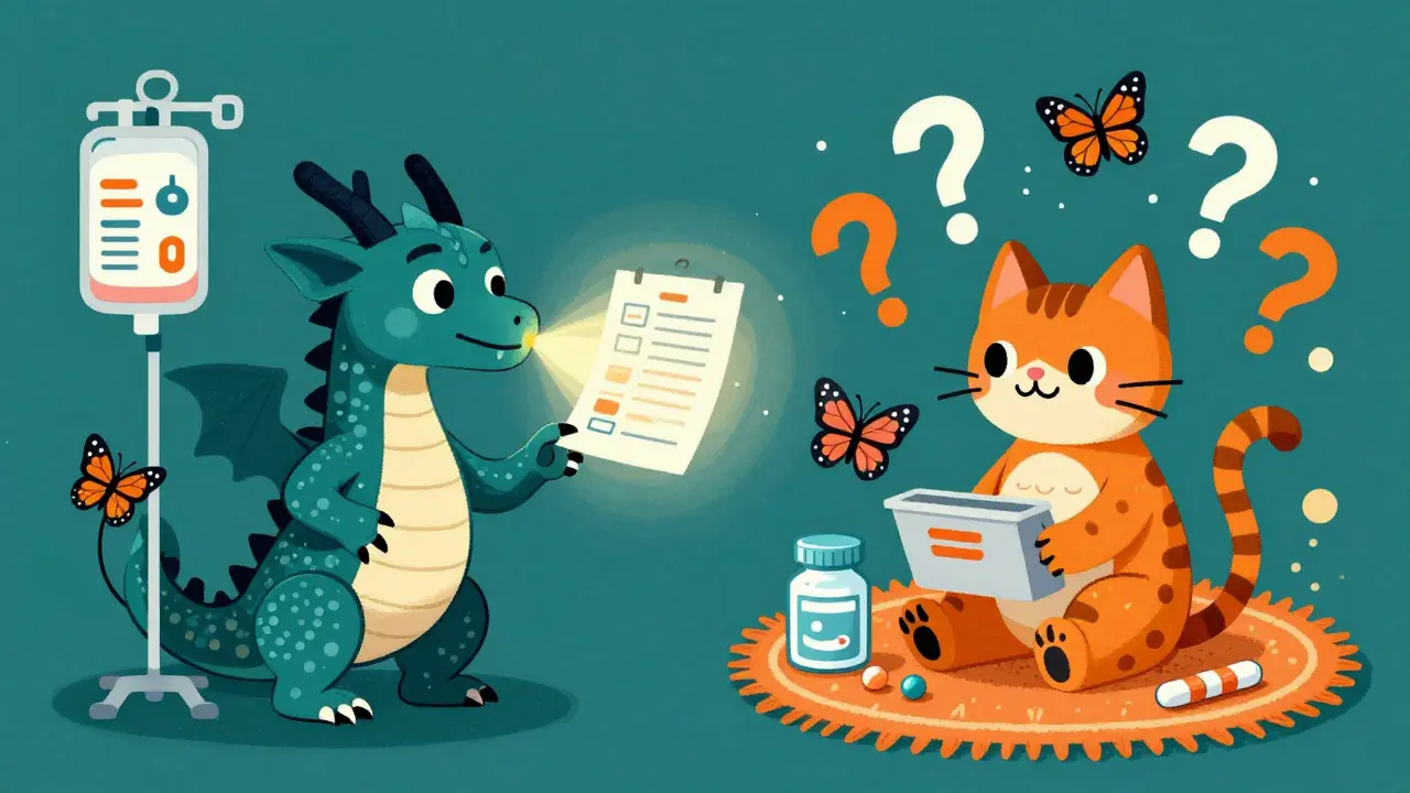 Alebrije illustration contrasting hospital dragons with home-care cats