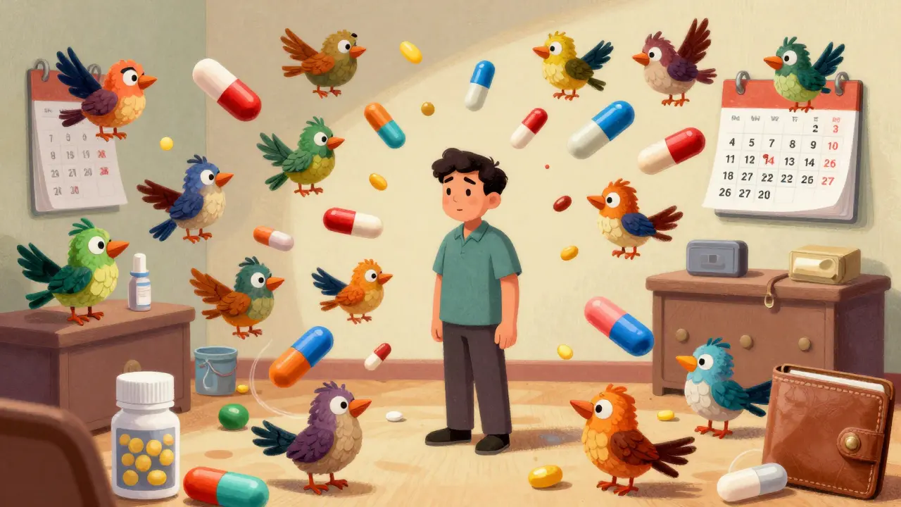 Alebrije illustration of a patient surrounded by confusingly similar pills turning into small mythical birds, depicting medication switch chaos.