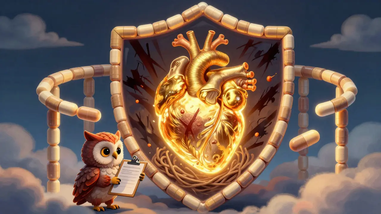 An alebrije-style protective pill shield surrounding a glowing, winged human heart.