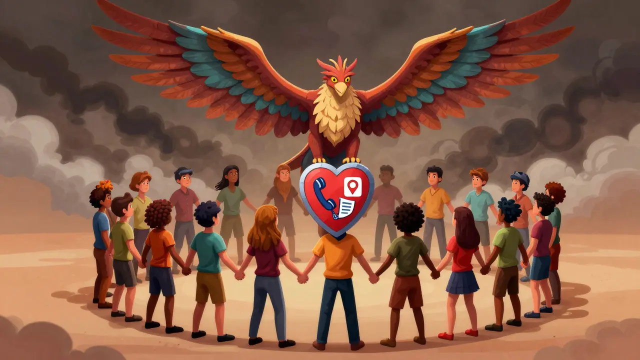 Community circle protected by Alebrijes, symbolizing safety plans and connection.