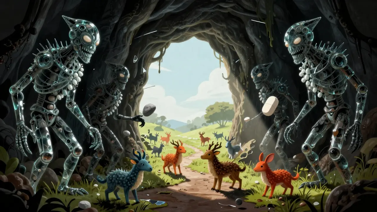 Dark shadow creatures guarding fake pills vs bright path