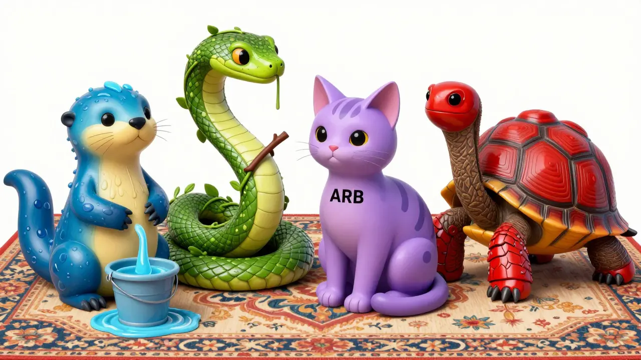 Four fantastical alebrije creatures representing different types of blood pressure medications.