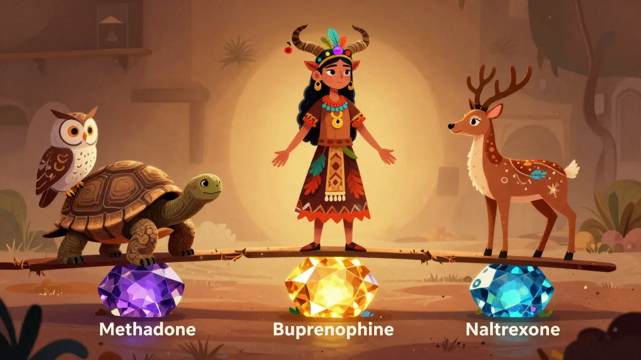 Illustration of MAT treatment as a balanced path guarded by symbolic Alebrije animals.