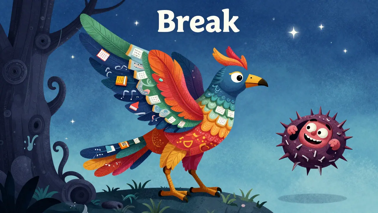 Majestic Alebrije bird carrying away pain-insomnia cycle into calm night