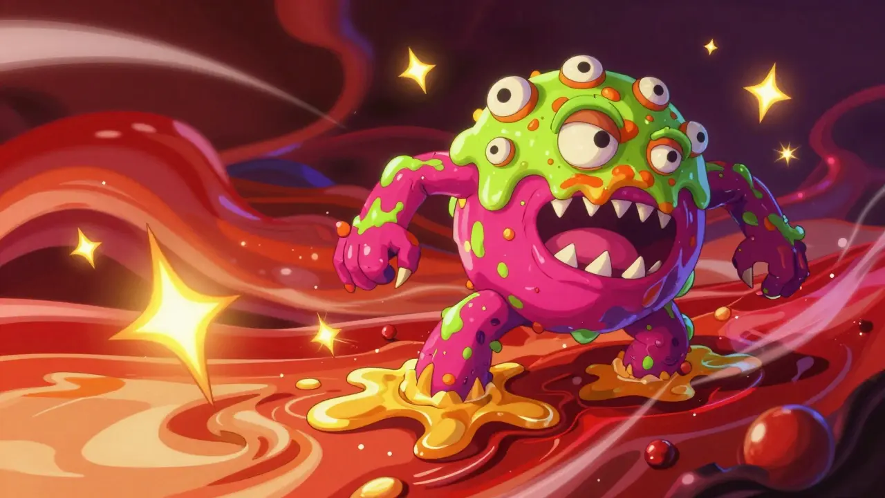 Menacing sludge monster chasing energy sparks in a bloodstream, depicted in vibrant Alebrije style.