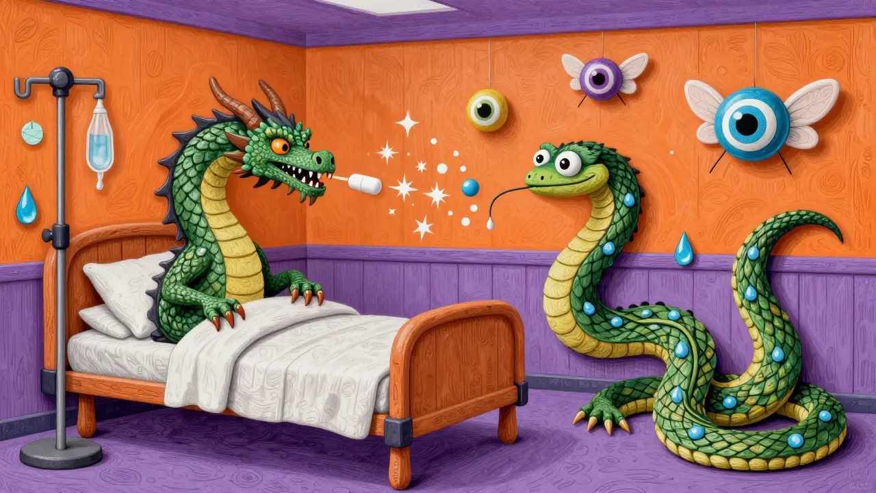 Mythical beasts representing risky drugs like antibiotics and IVs in a colorful hospital setting.