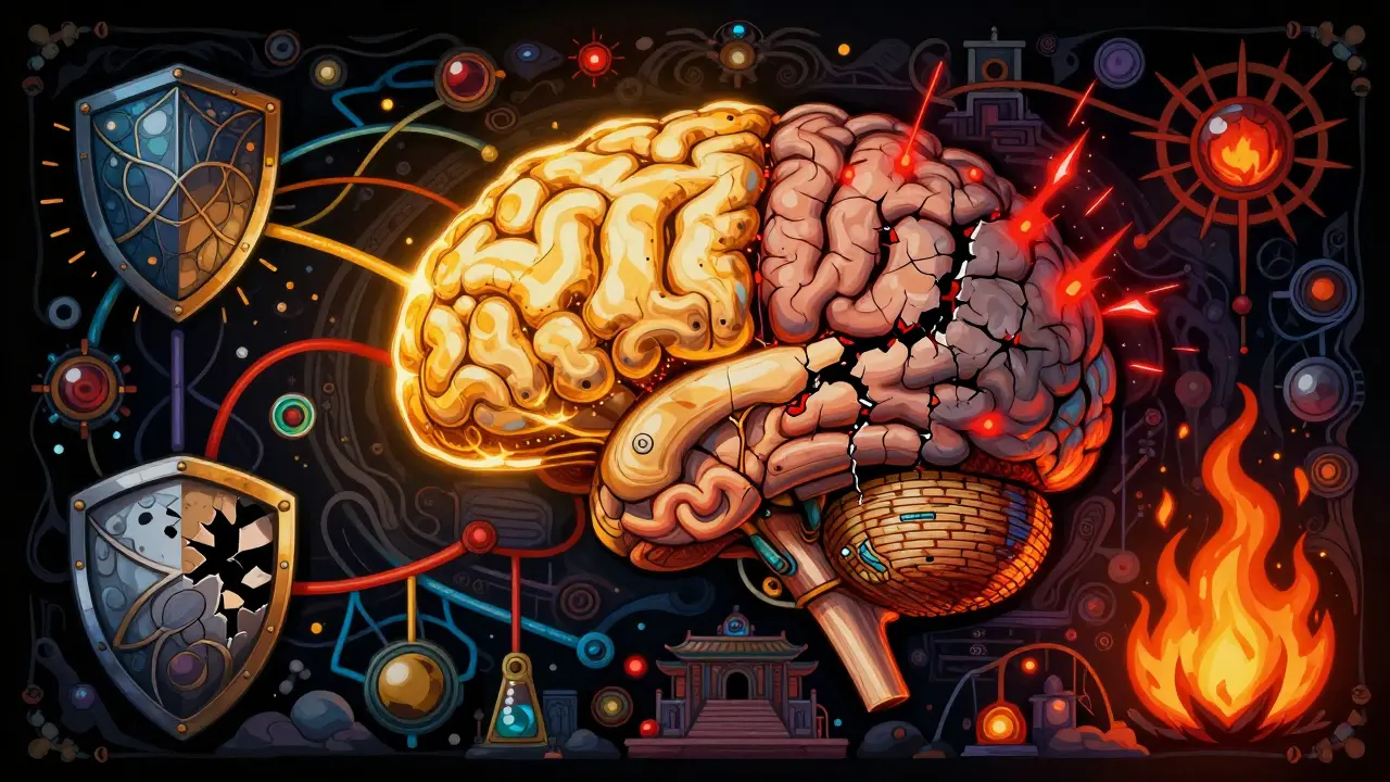 Ornate Alebrije brain machine showing inflammation vs natural pain relief