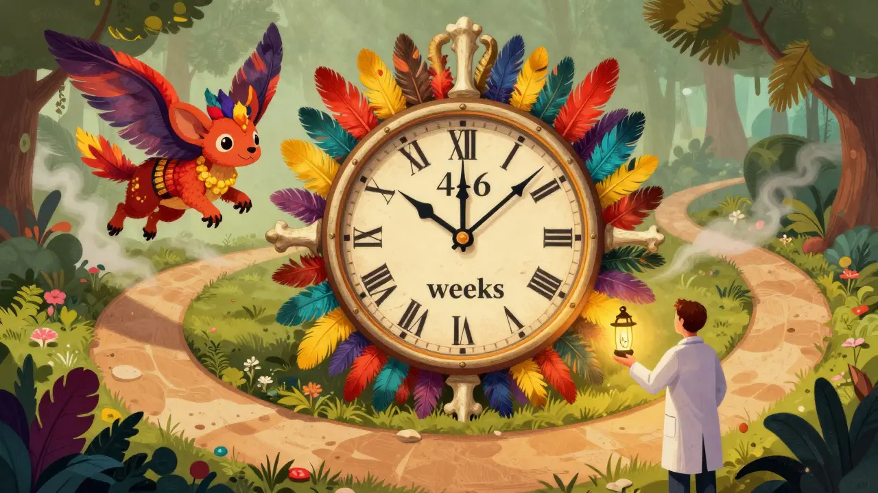 Ornate Alebrije clock and soaring creature illustrating the wait for thyroid recovery after sickness.