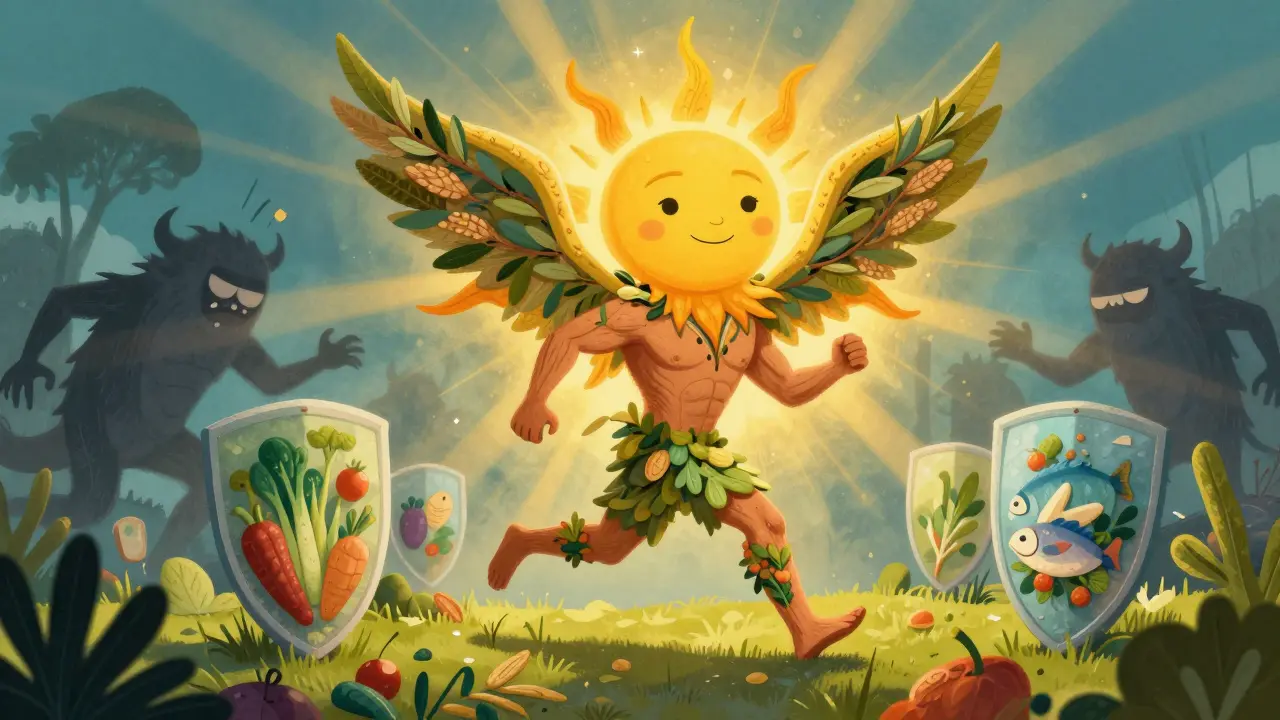 Radiant sun creature protecting an active runner from shadow monsters in whimsical Alebrije art.
