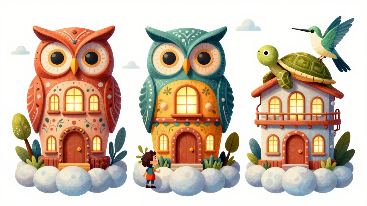 Whimsical alebrije-shaped pharmacy buildings on clouds