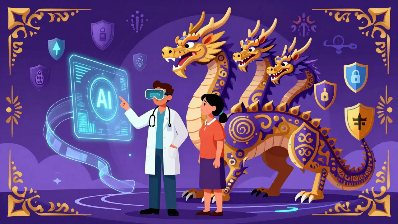 Alebrije art: Doctor and Patient viewing secure AI holograms with a protective dragon.