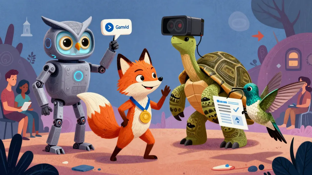 Alebrije art: Four fantasy creatures representing apps, AI, and videos helping patients.