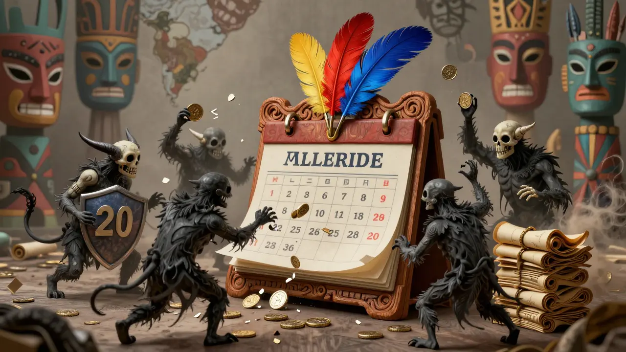 Alebrije style illustration of mythical creatures guarding a calendar from shadowy expiration threats.