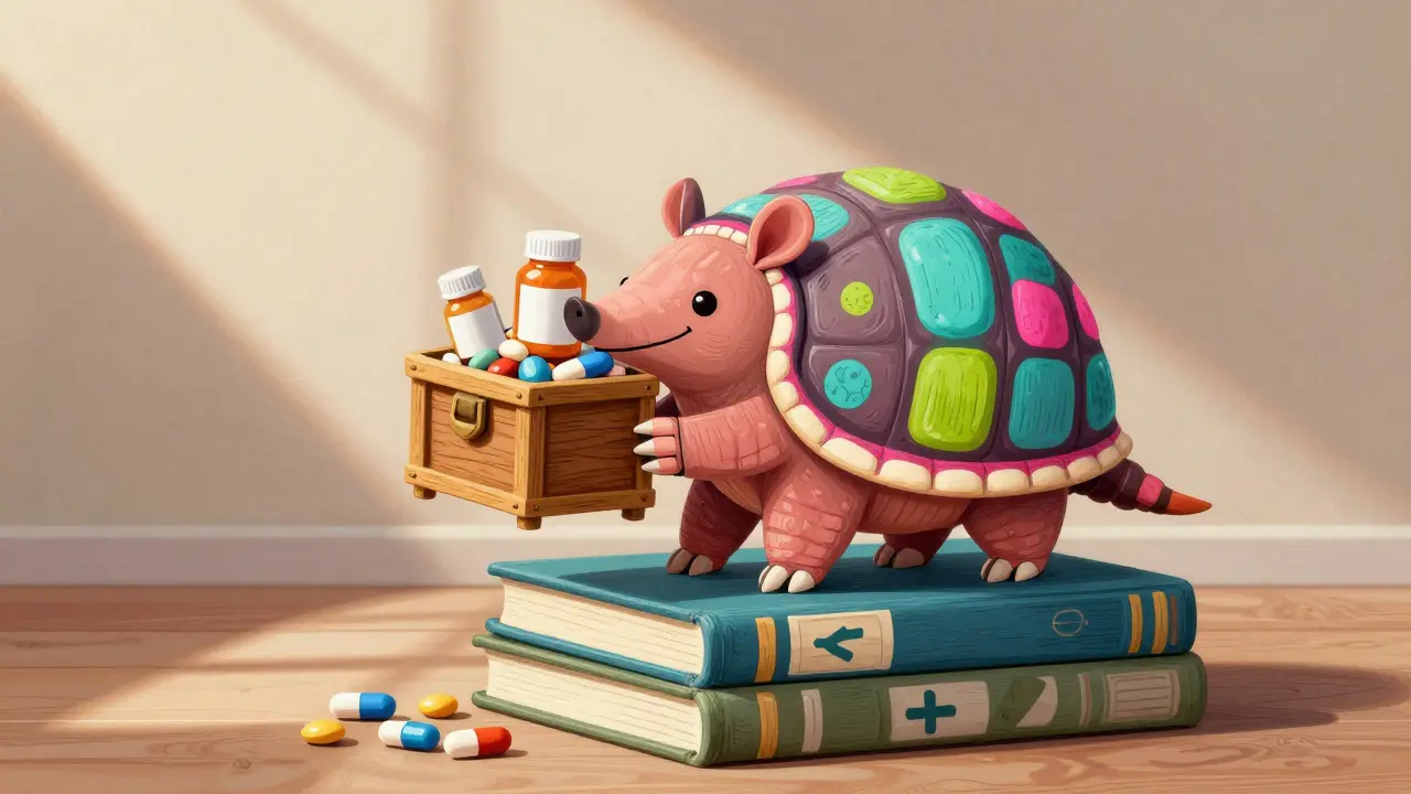 Cheerful alebrije armadillo carrying a treasure chest of generic pills, symbolizing cost savings