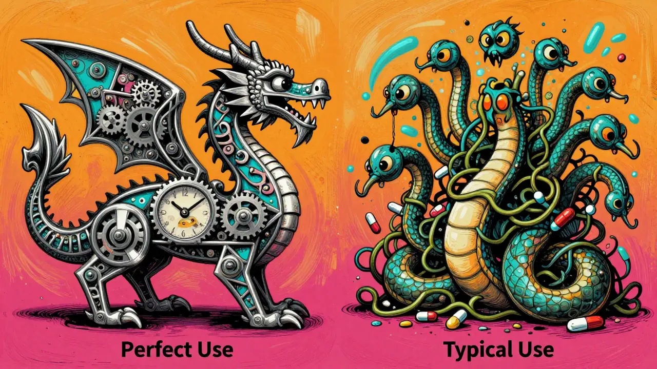 Clockwork dragon vs chaotic serpent illustrating pill adherence
