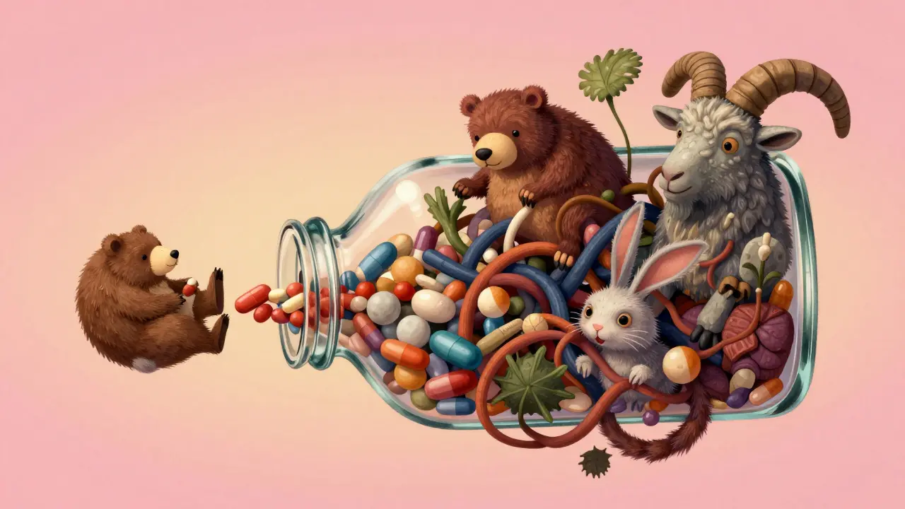 Colorful alebrije creatures bursting from a medicine bottle representing mixed drug ingredients