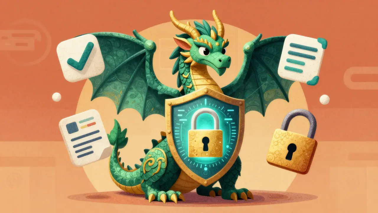Colorful alebrije dragon guarding a digital lock, representing safe online pharmacy verification