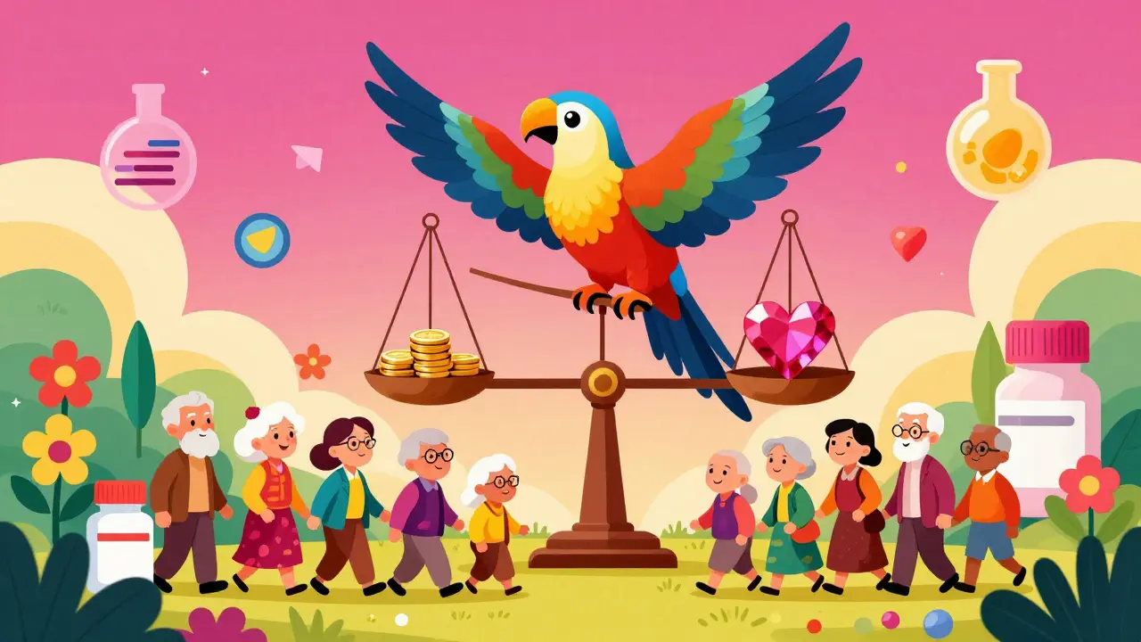 Colorful bird balancing cost and health on a scale