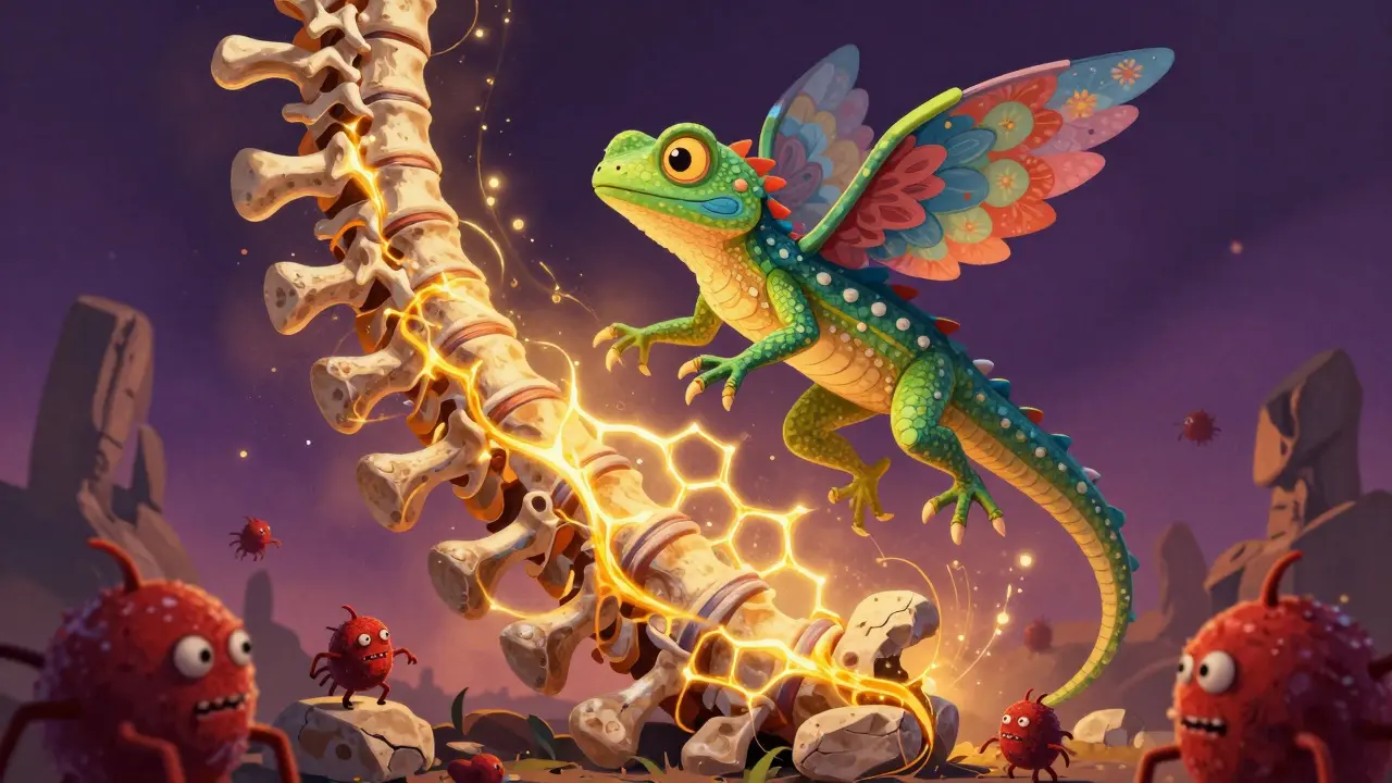 Colorful guardian spirit reinforcing a human spine with golden energy, representing bisphosphonate treatment.