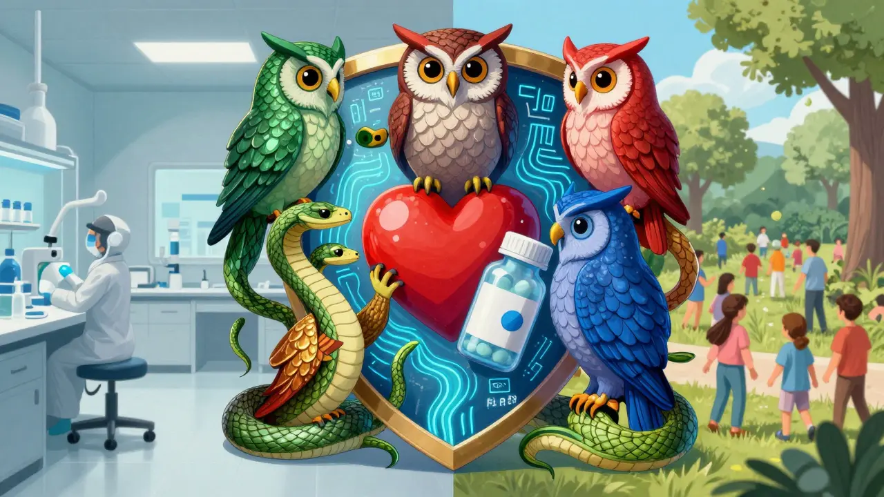 Colorful mythical creatures forming a protective shield around medication and health.