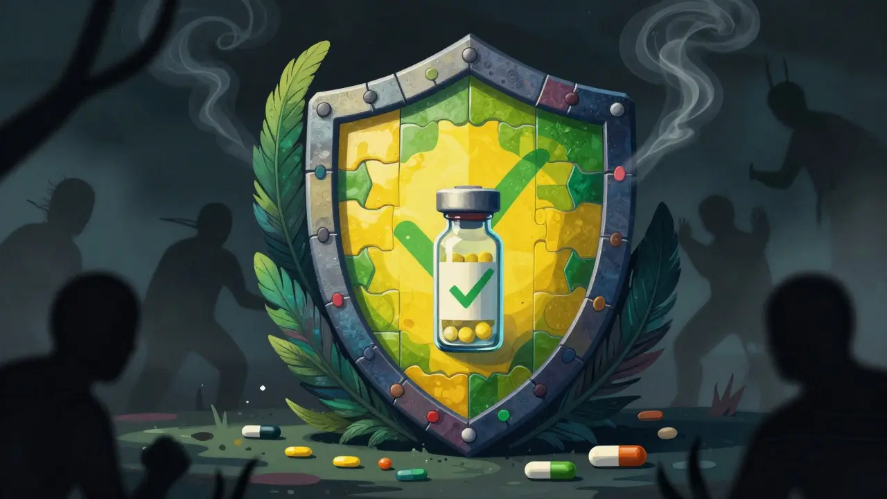 Colorful shield protecting medicine vial from shadows in Alebrije style
