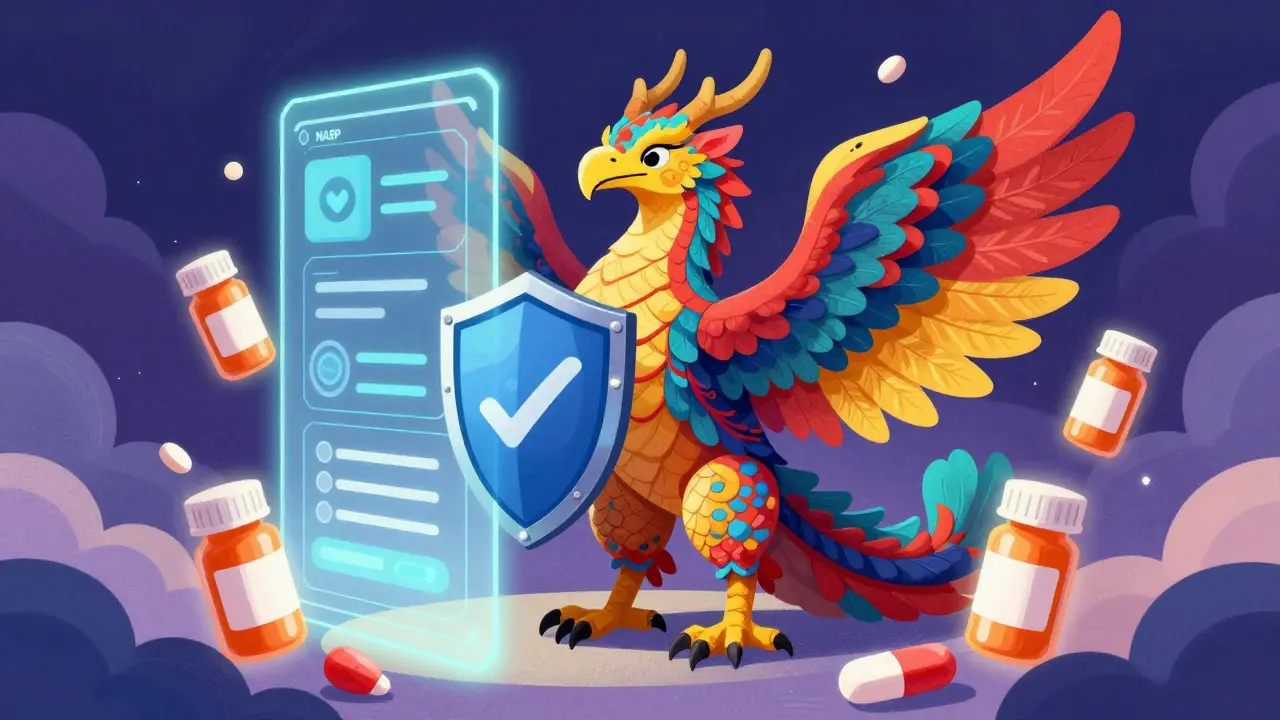 Fantastical Alebrije creature guarding a secure digital pharmacy portal with safety symbols.