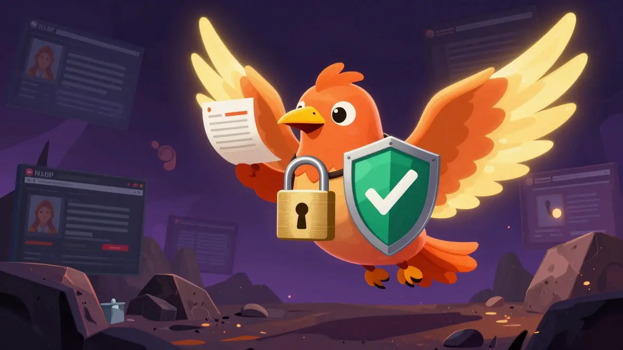 Fantasy bird alebrije carrying a security shield over dark scam website rocks