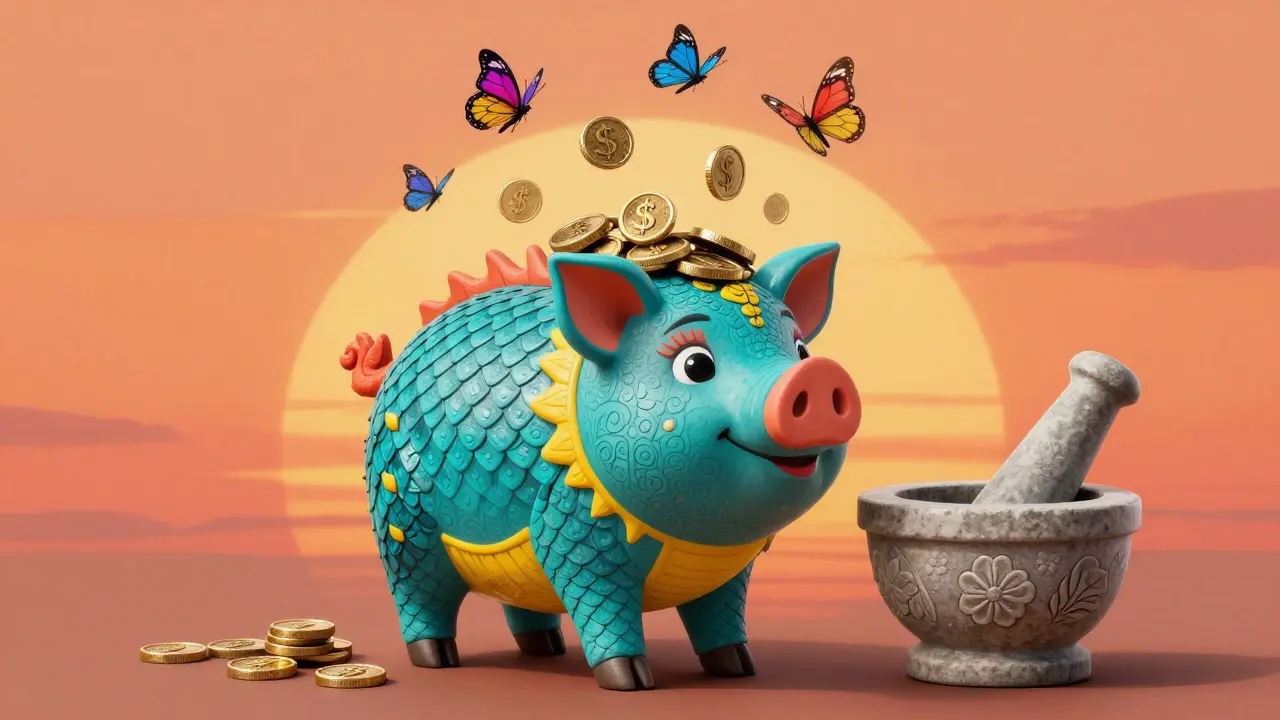 Fantasy piggy bank overflowing with coins turning to butterflies