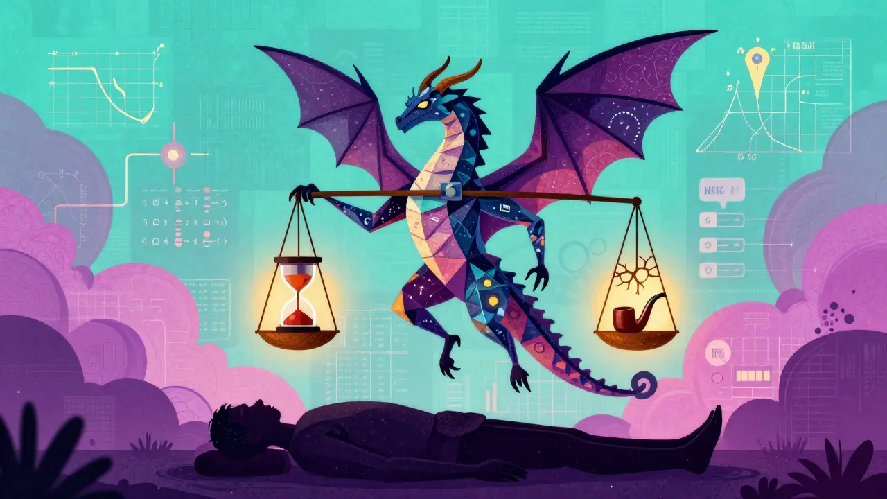 Mythical creature balancing risk factors on scales, symbolizing the FRAX fracture risk assessment tool.